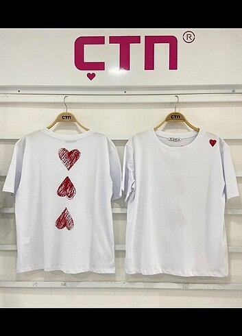 Arkası ve Omzu Kalp Baskılı Yumuşak Dokulu Pamuklu T-shirt 