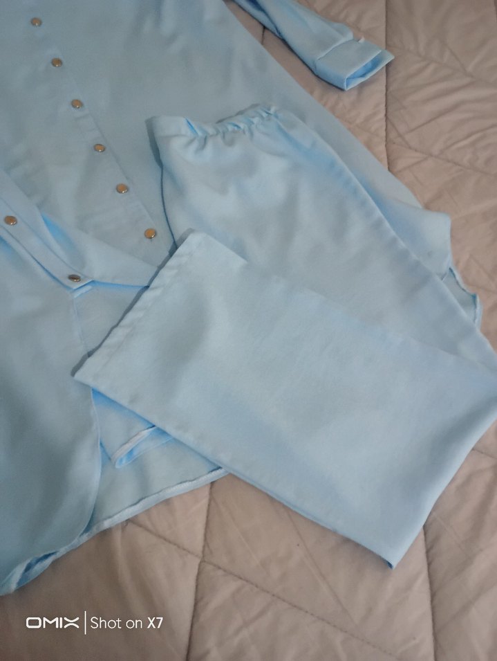 Mavi Düğmeli Uzun Kollu Kadın pantolon  Tunik - Görsel 5