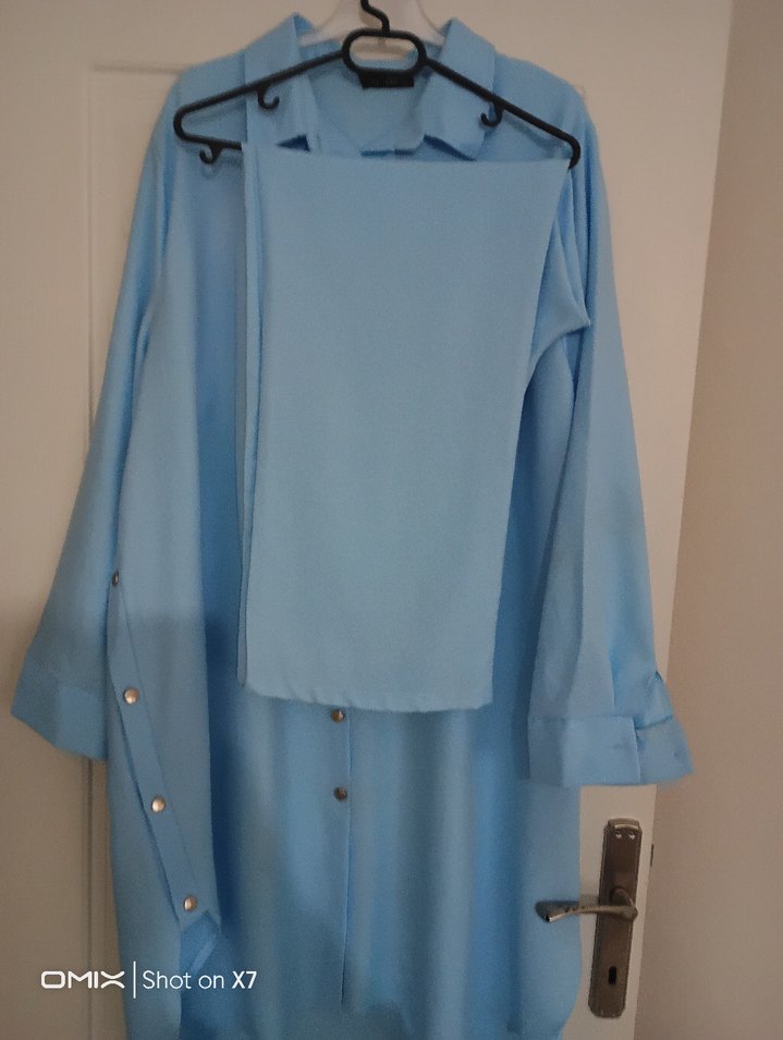 Mavi Düğmeli Uzun Kollu Kadın pantolon  Tunik - Görsel 2