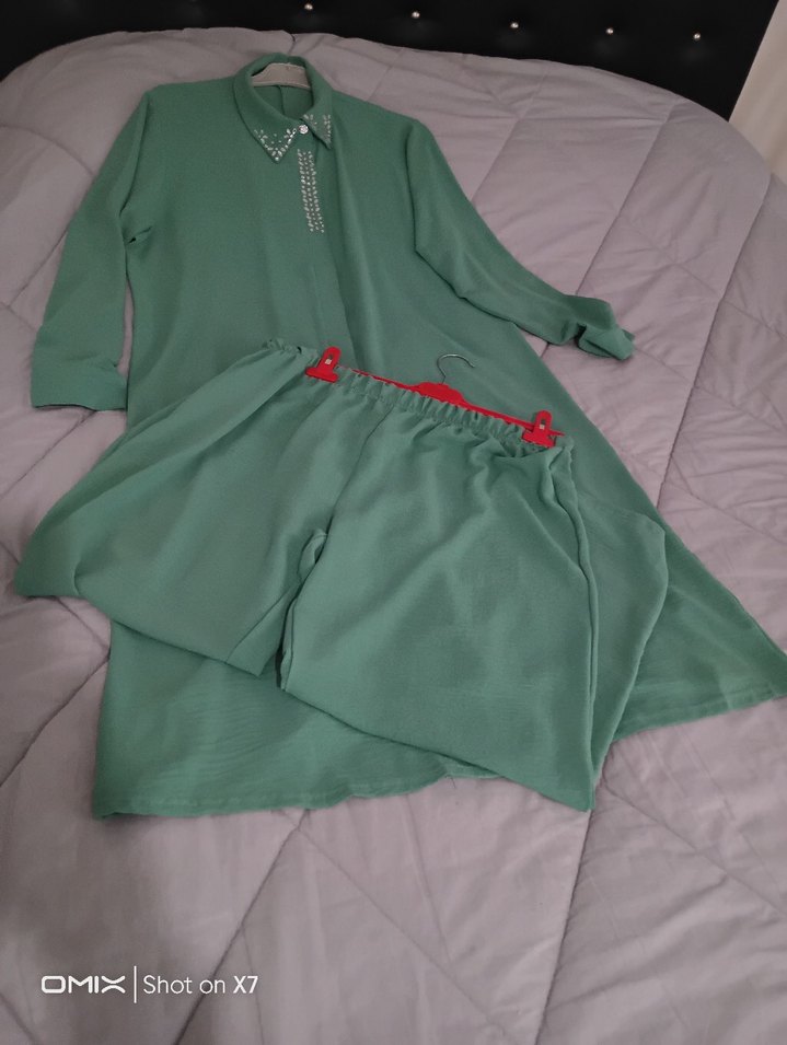 Uzun Yeşil Kadın pantolon  Tunik  İnci Detaylı - Görsel 5