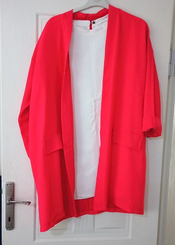 Kırmızı Kadın uzun Boy Rahat Kesim ceket - Görsel 6