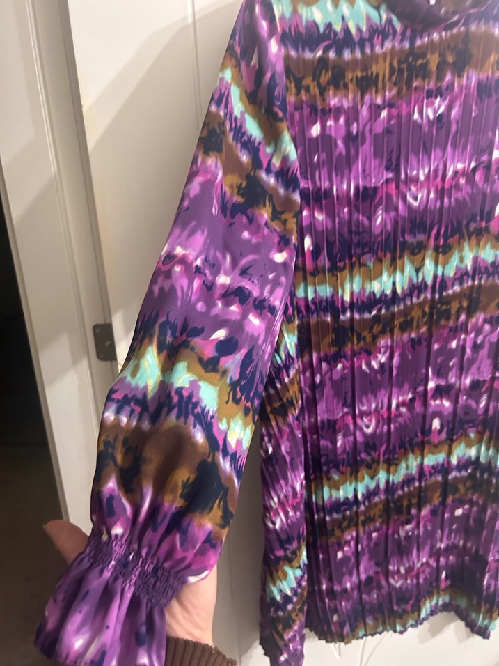 Mor Pilili Uzun Kol Bağlama Desenli Elbise - Görsel 2