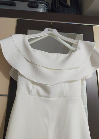 Beyaz Drapeli Uzun Kadın Abiye Elbise - Görsel 3