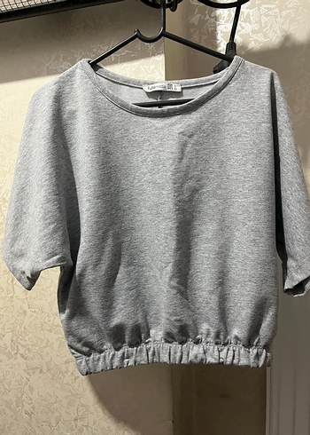 Gri Kısa Kollu Keten Kadın Sweatshirt