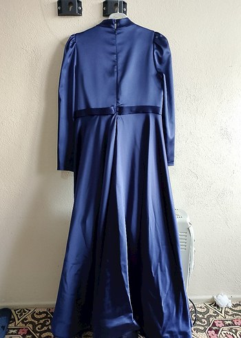 Lacivert Uzun Kollu Nakışlı Uzun Abiye Elbise - Görsel 8