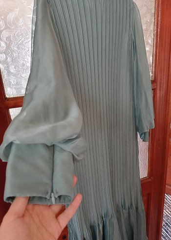 Uzun Turkuaz Pliseli Bohem Elbise - Görsel 3