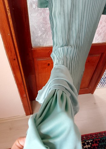 Uzun Turkuaz Pliseli Bohem Elbise - Görsel 6