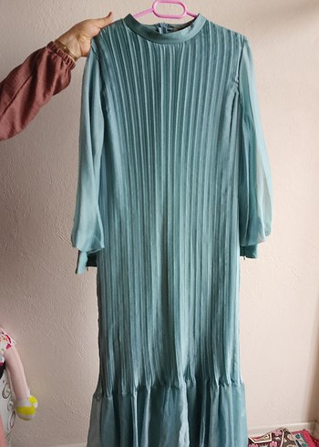 Uzun Turkuaz Pliseli Bohem Elbise - Görsel 2