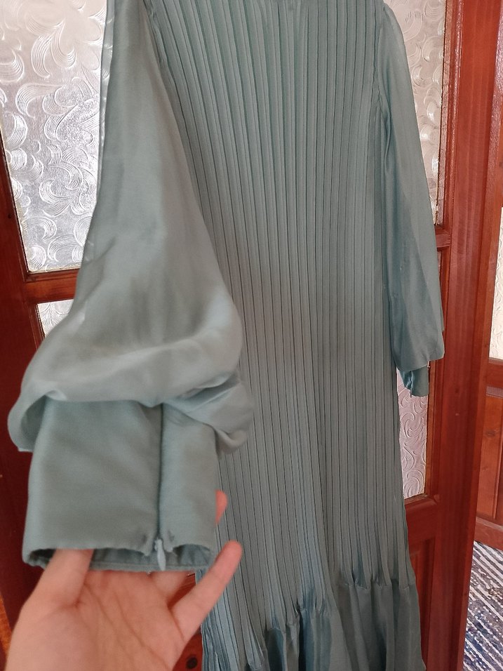 Uzun Turkuaz Pliseli Bohem Elbise - Görsel 3