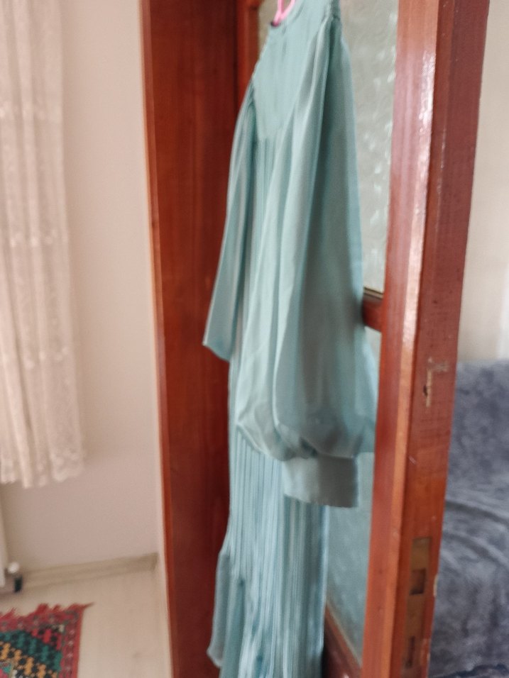 Uzun Turkuaz Pliseli Bohem Elbise - Görsel 5