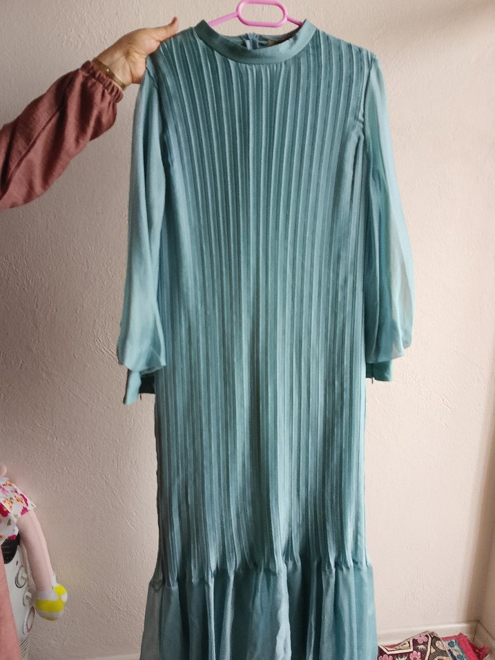 Uzun Turkuaz Pliseli Bohem Elbise - Görsel 2