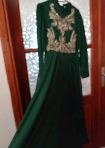 İşlemeli Yeşil Uzun Tesettür Abiye Elbise - Görsel 5