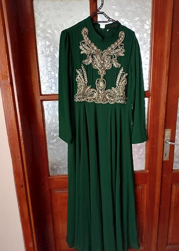 İşlemeli Yeşil Uzun Tesettür Abiye Elbise - Görsel 2