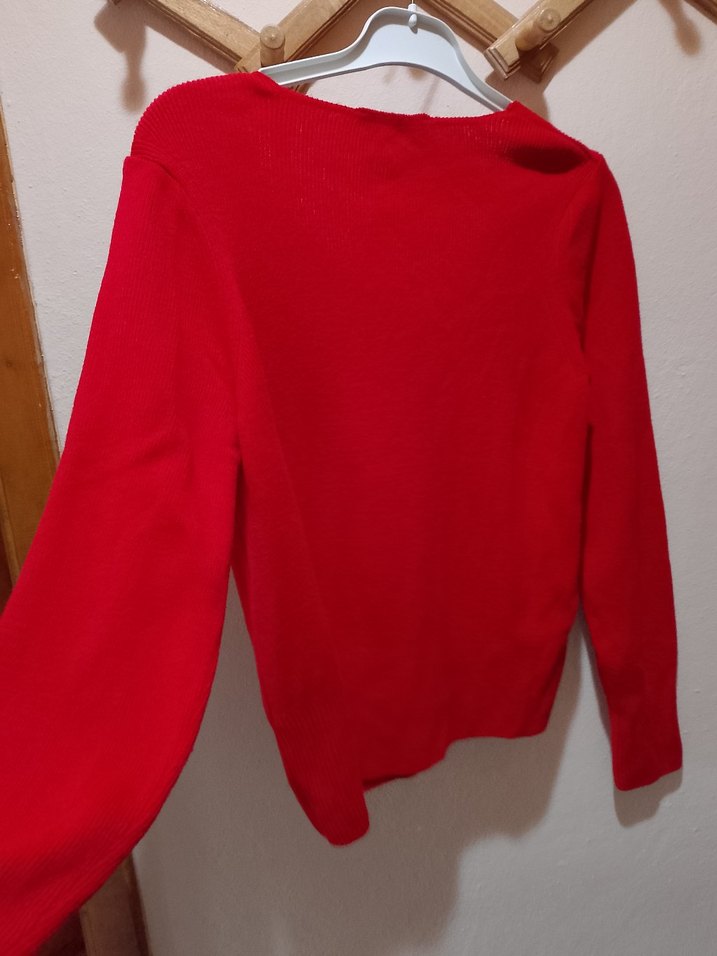 Kırmızı V Yaka Uzun Kollu Kadın Kazak - Görsel 3