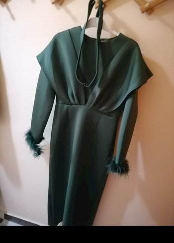 Kürk Detaylı Uzun Gri Kadın Abiye Elbise - Görsel 4