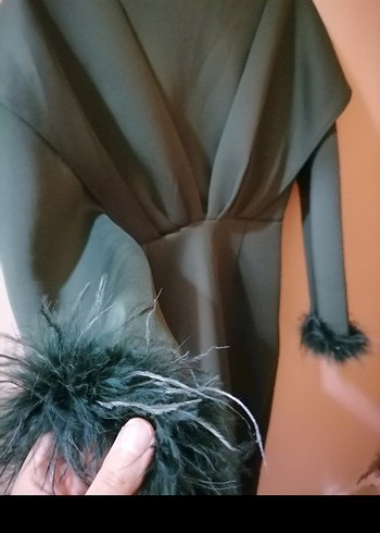 Kürk Detaylı Uzun Gri Kadın Abiye Elbise - Görsel 2