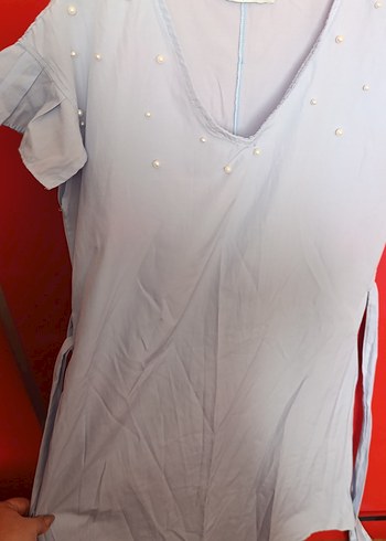 bebe mavisi V Yaka İnci İşlemeli Mini elbise - Görsel 4