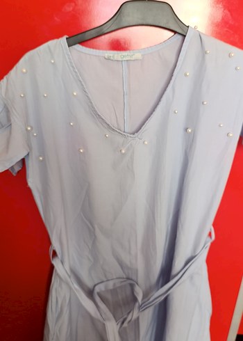 bebe mavisi V Yaka İnci İşlemeli Mini elbise - Görsel 7