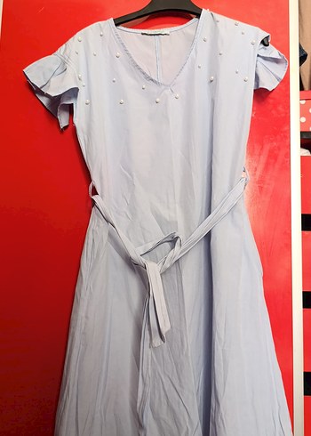 bebe mavisi V Yaka İnci İşlemeli Mini elbise - Görsel 5