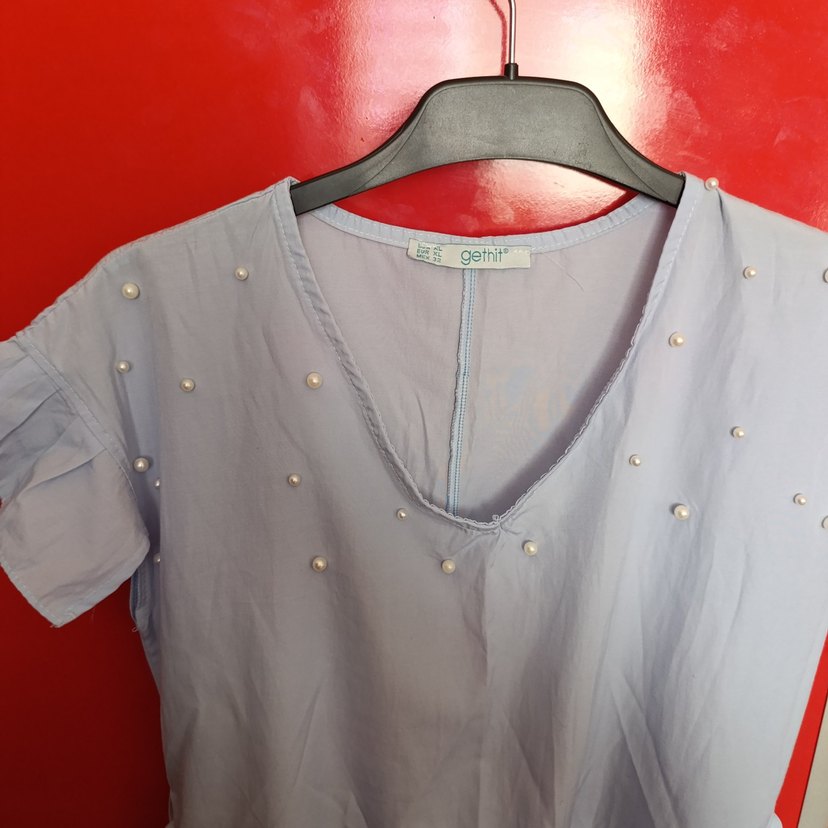 bebe mavisi V Yaka İnci İşlemeli Mini elbise - Görsel 2