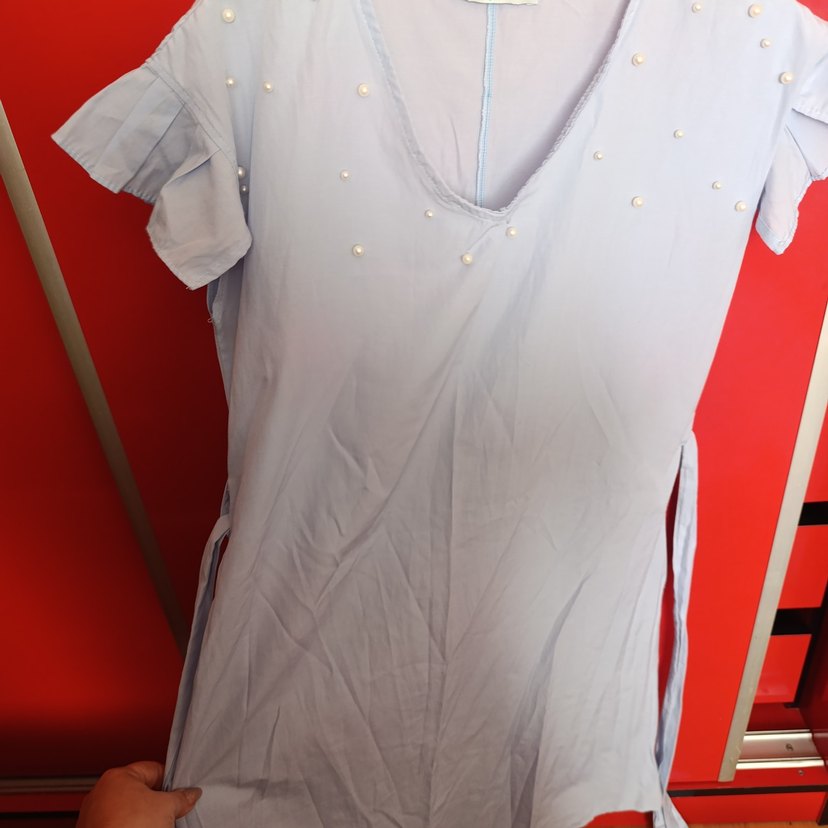 bebe mavisi V Yaka İnci İşlemeli Mini elbise - Görsel 4