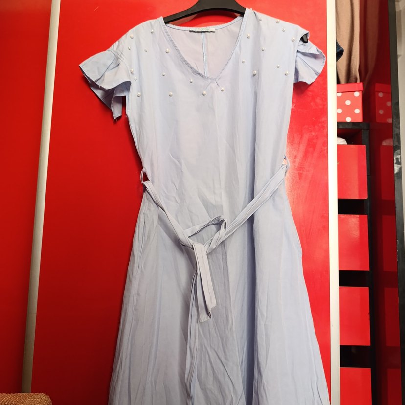 bebe mavisi V Yaka İnci İşlemeli Mini elbise - Görsel 5