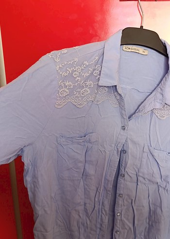 Nakış Detaylı mavi uzun Keten Gömlek - Görsel 3