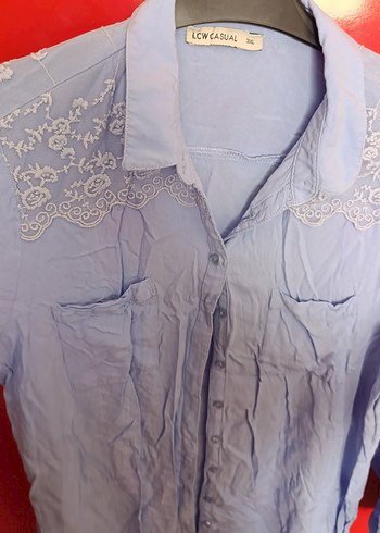 Nakış Detaylı mavi uzun Keten Gömlek - Görsel 2