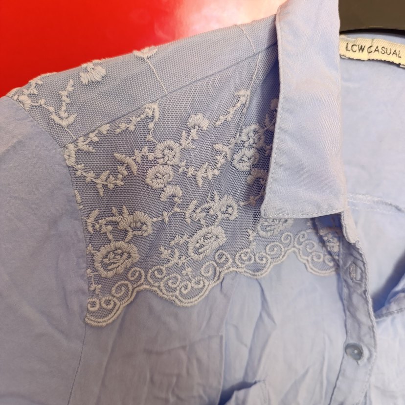 Nakış Detaylı mavi uzun Keten Gömlek - Görsel 5