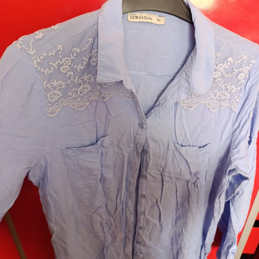 Nakış Detaylı mavi uzun Keten Gömlek - Görsel 2