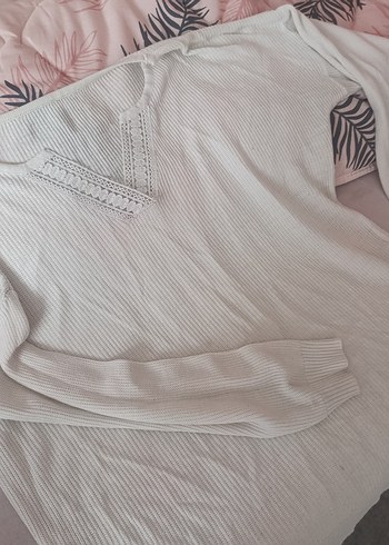 V Yaka Örgü Detaylı beyaz Kadın Bluz - Görsel 3