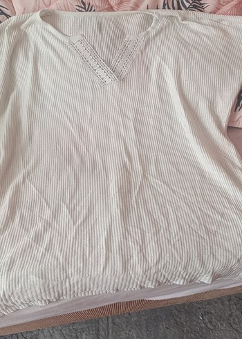 V Yaka Örgü Detaylı beyaz Kadın Bluz - Görsel 2