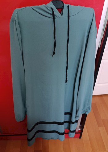 yeşil  kapüşonlu Uzun Salaş Sweatshirt - Görsel 6