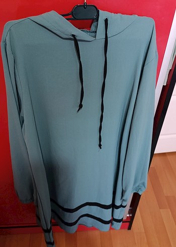 yeşil  kapüşonlu Uzun Salaş Sweatshirt - Görsel 4