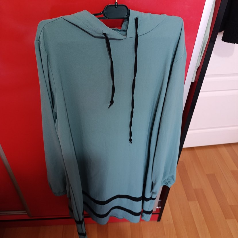 yeşil  kapüşonlu Uzun Salaş Sweatshirt - Görsel 4