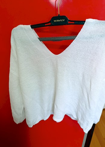 Kadın Beyaz V Yaka Pamuklu Triko Kazak - Görsel 5