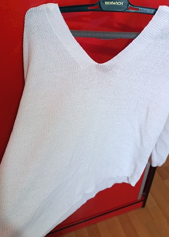 Kadın Beyaz V Yaka Pamuklu Triko Kazak - Görsel 2