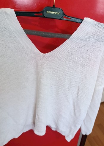 Kadın Beyaz V Yaka Pamuklu Triko Kazak - Görsel 3