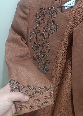 Uzun Kahverengi Nakışlı Bohem Kadın Elbise - Görsel 12