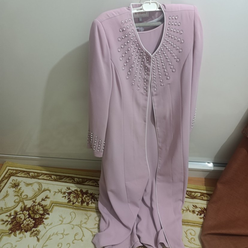 Uzun Kollu Pembe Nakışlı Kadın Elbisesi - Görsel 5