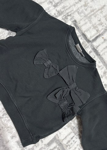 Kız Çocuk Gri Sweatshirt, Kürklü Fiyonk Detaylı