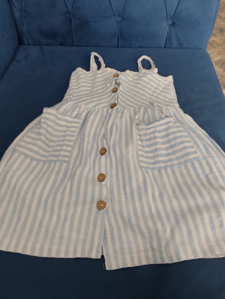 Mavi Çizgili Kız Elbisesi Düğmeli - Görsel 2