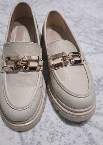 Bej Tokalı Kadın Loafer Blok Topuk - Görsel 2