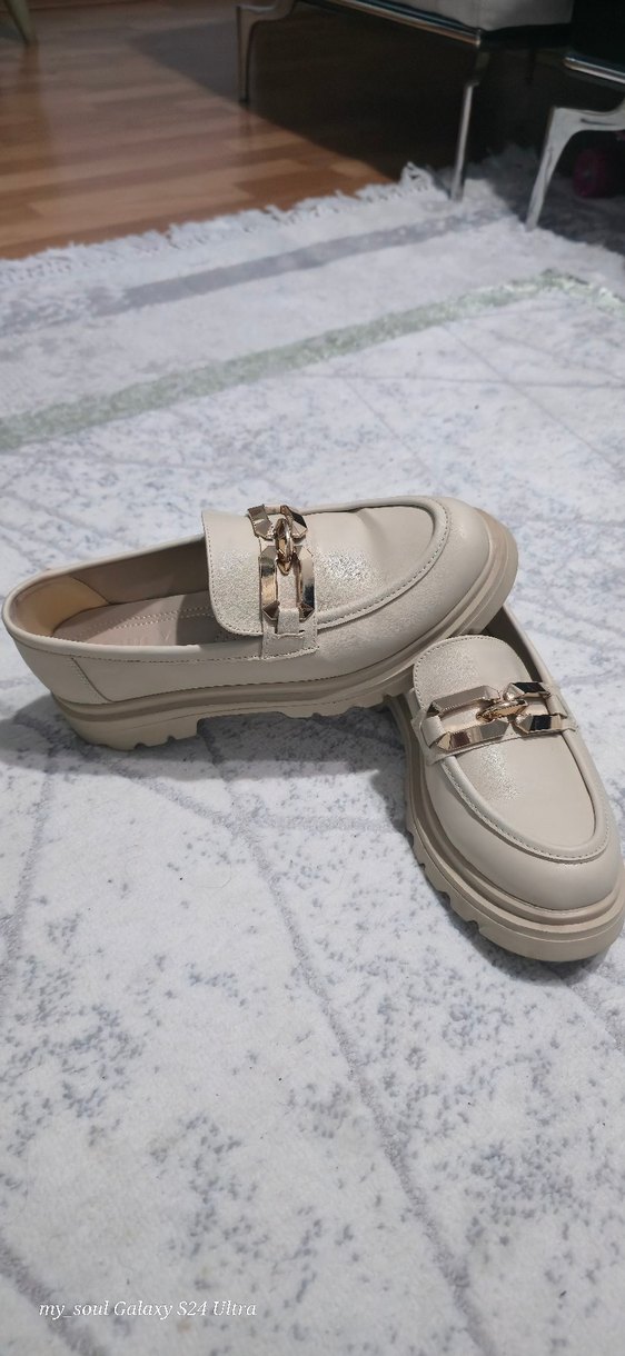 Bej Tokalı Kadın Loafer Blok Topuk - Görsel 3