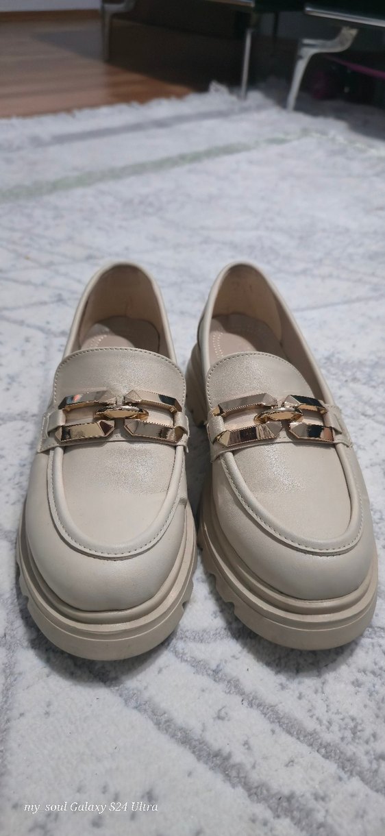 Bej Tokalı Kadın Loafer Blok Topuk - Görsel 5