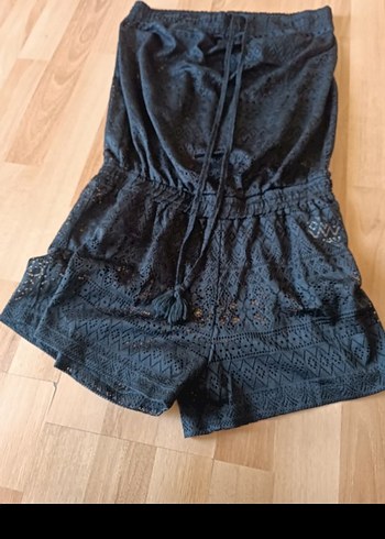 Dantel Detaylı Siyah Straplez Kısa Denim Tulum - Görsel 2