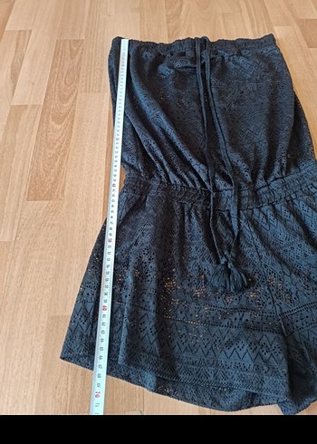 Dantel Detaylı Siyah Straplez Kısa Denim Tulum - Görsel 4