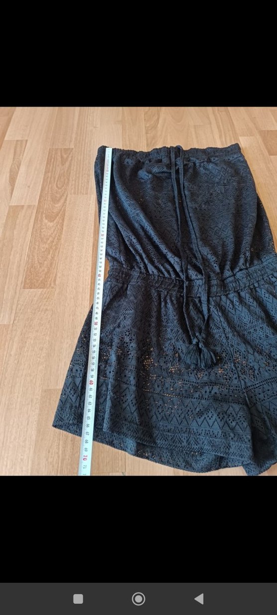 Dantel Detaylı Siyah Straplez Kısa Denim Tulum - Görsel 4