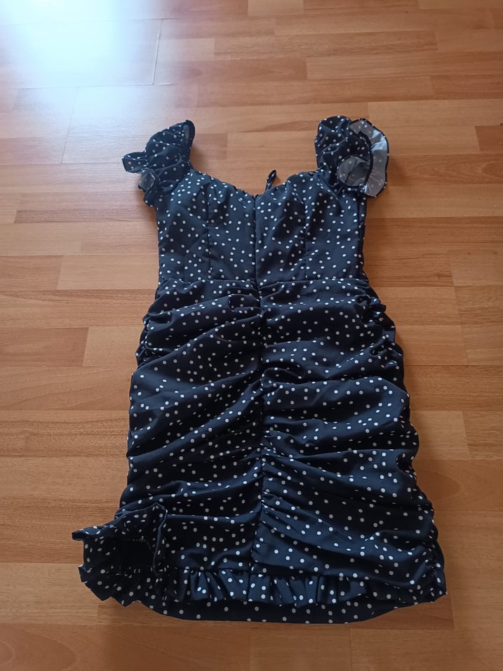 Puantiyeli V Yaka Midi Elbise - Görsel 5