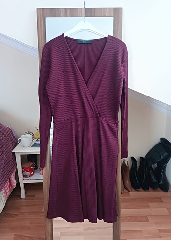 Bordo V Yaka Uzun Kollu Triko Elbise - Görsel 6